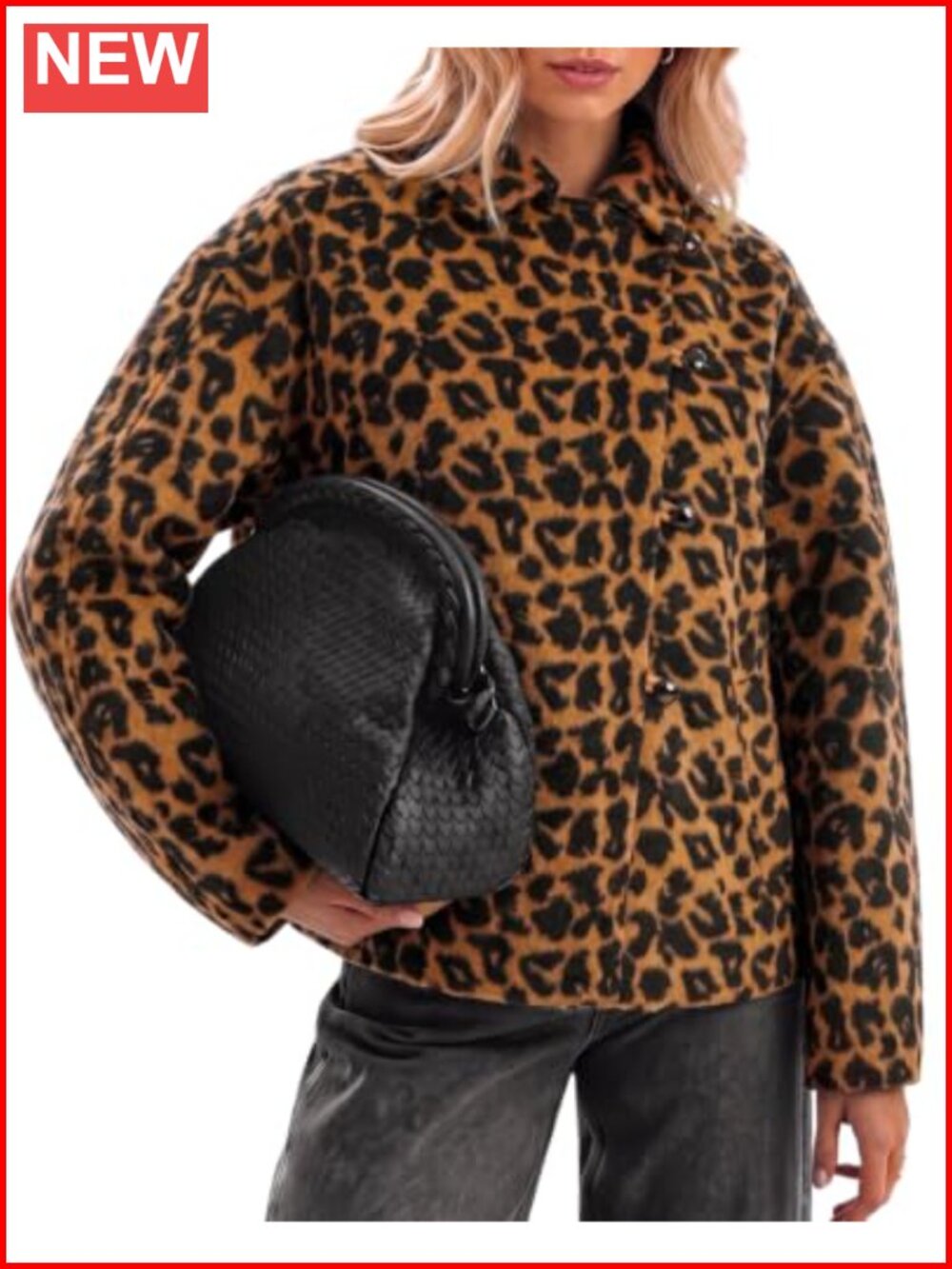 Women Leopard Faux Wool Pea Coat Button Down